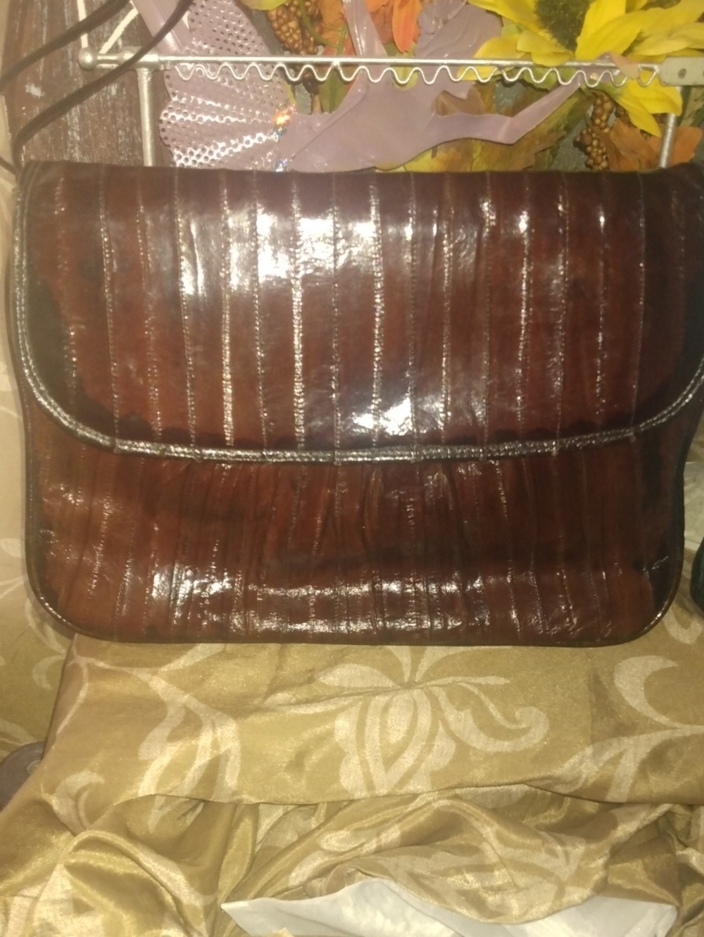 Eel Skin  Fold-Over Shoulder Bag in Dark Brown Vintage